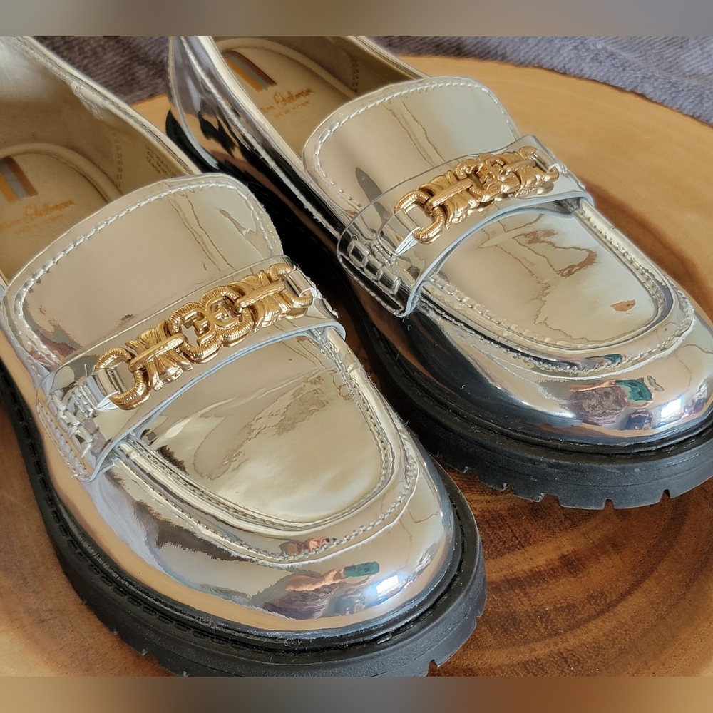 Sam Edelman Kids Sz 2 Teo Platform Metallic Silver Loafers with Gold Chain - Picture 14 of 16
